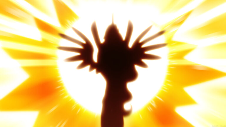 The silhouette of Princess Celestia flying in front of an incredibly bright sun.