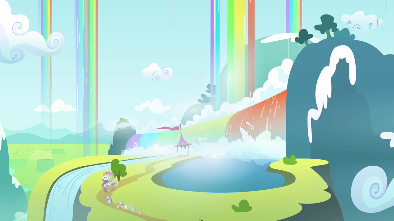 A screenshot depicting Rainbow Falls—a hilly mountainside with lakes, rivers, and a wide, rainbow-coloured waterall. Additional rainbow-coloured waterfalls fall from the sky in the surrounding area.