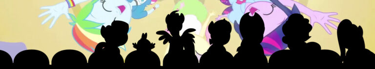 A silhouette of the Mane Six (and Spike) sitting in cinema seats, composited on top of a screenshot from Equestria Girls of the human Mane Six singing and dancing.