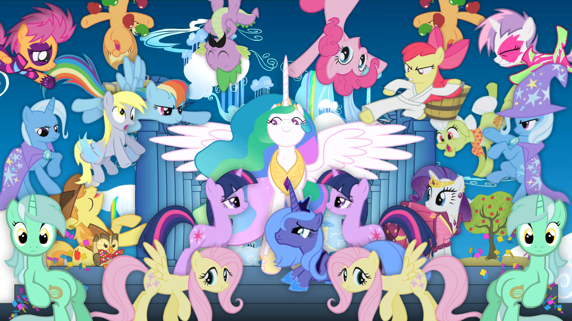 A screenshot of several ponies (some multiple times) gathered around Princess Celestia, in a visual homage to Kanye West's "POWER" music video.