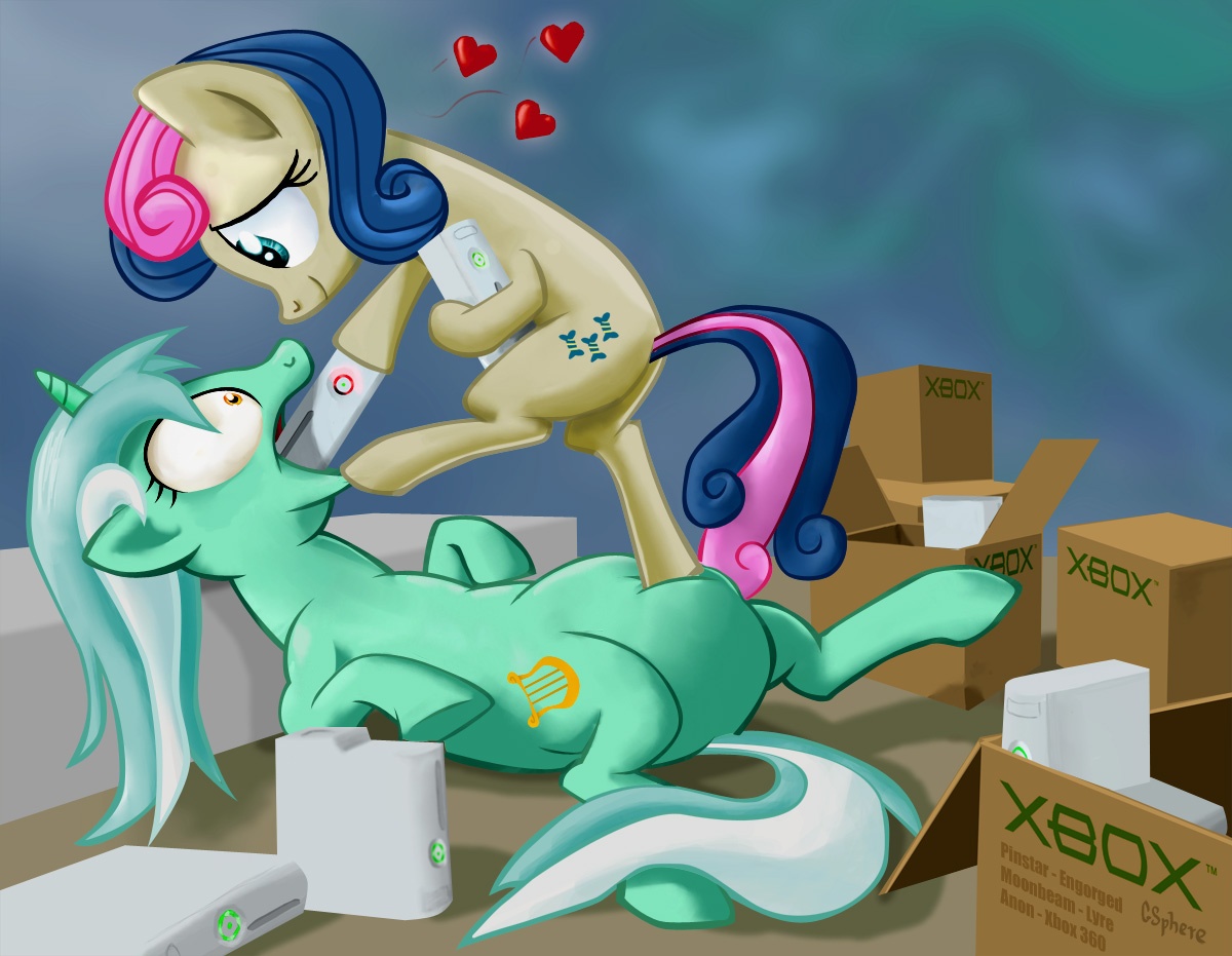 An illustration of Bon Bon (Sweetie Drops) holding Lyra to the floor and forcefeeding her Xbox 360 consoles. Lyra seems very weirded out, while Bon Bon seems infatuated. Several more Xboxes surround them both.