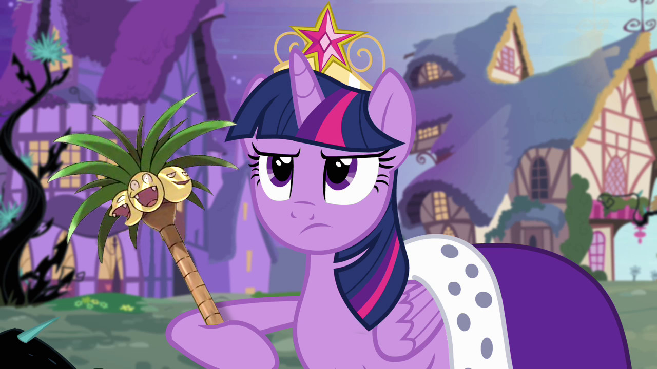 An edited screenshot of Twilight Sparkle, wearing a crown and robe, and holding an Alolan Eggsecutor from the Pokémon franchise in her hoof instead of a cane.