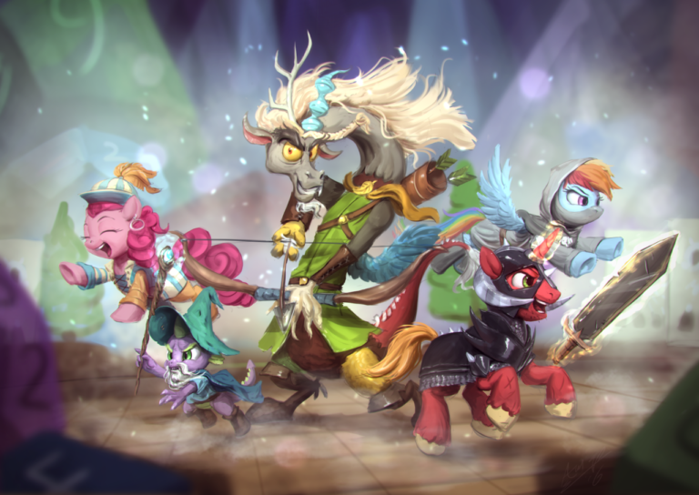A dramatically rendered painting of Discord, Spike, Big Mac, Rainbow Dash and Pinkie Pie as fantasy roleplaying characters. Discord appears to be a paladin with a large bow and arrow; Spike is a wizard, wielding a staff with a magic jewel; Big Mac is a barbarian, with a horned helmet and large sword; Rainbow Dash is a rogue; and Pinkie Pie is a bard.