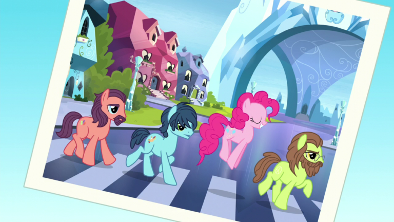 A screenshot of Pinkie Pie walking across a zebra crossing with ponies resembling John Lennon, Paul McCartney and John Harrison—in a parody of The Beatles' "Abbey Road" album cover.