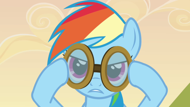 A close up of Rainbow Dash, looking towards the viewer as she puts on a pair of goggles.
