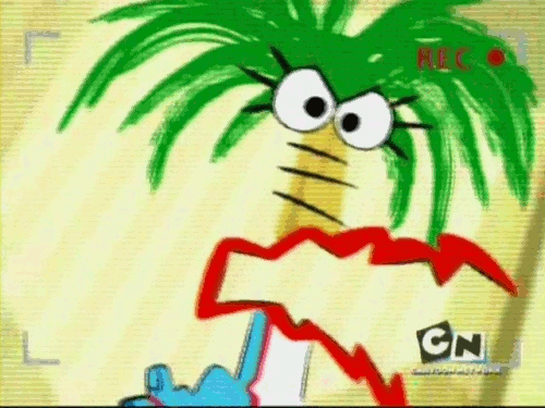 An animated GIF of Coco, a bird/palm tree/aeroplane hybrid character from Foster's Home for Imaginary friends, attacking the viewer with her foot. The image is styled to appear as though it is home video footage.