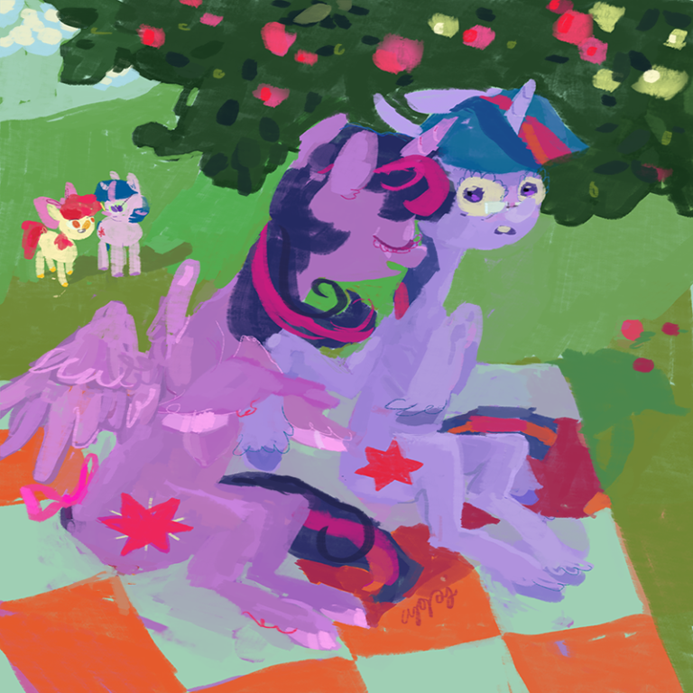 A messily painted depiction of alicorn Twilight Sparkle embracing the hoof of unicorn Twilight Sparkle, who is wearing glasses, whilst sat on a picnic blanket under a tree. In the background, Applebloom and yet another unicorn Twilight Sparkle watch on.