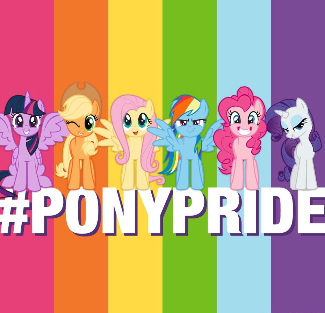 The Mane Six stand in front of a rainbow striped background. The hashtag "ponypride" is written in large letters below them.