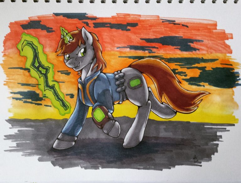 A marker pen illustration of Little Pip from the Fallout: Equestria series, wielding a staff and looking snarkily off-canvas as the sun sets behind her.