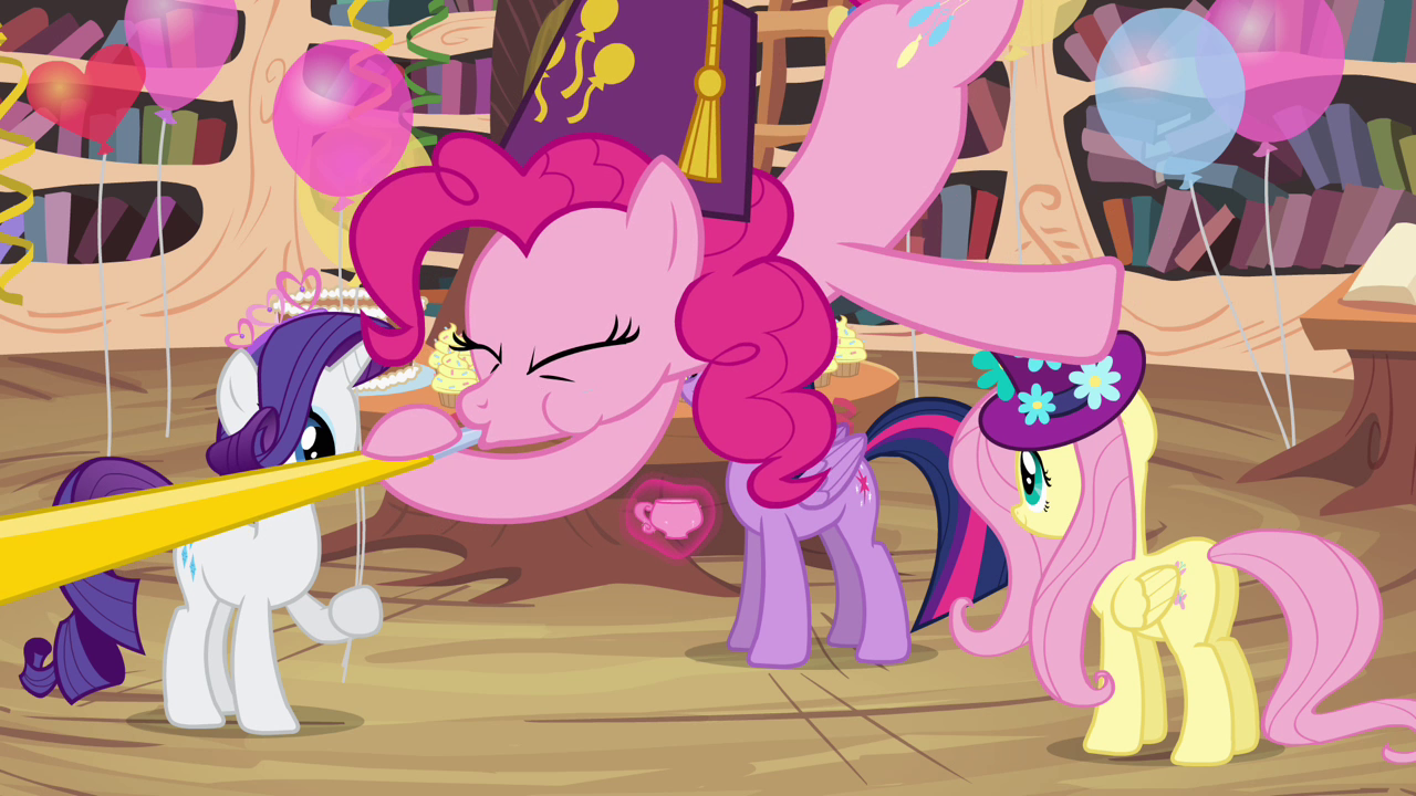 Pinkie Pie falls from the ceiling wearing a fez and blowing on a party horn. Rarity, Fluttershy and Twilight Sparkle are stood behind her, evidently having a party.