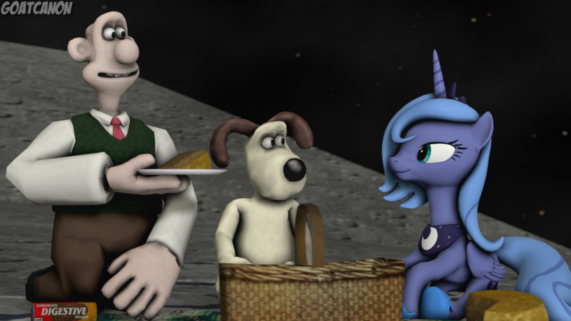 A 3D rendering of Wallace and Gromit having a picnic on the moon, with Princess Luna also present.