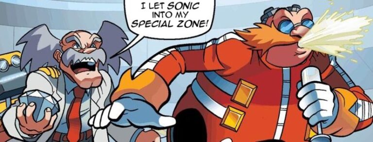 An out of context comic book panel. Dr Wily (from the Mega Man franchise) is holding a Chaos Emerald and shouting "I let Sonic into my special zone!" Dr Robotnik (from the Sonic the Hedgehog franchise) is doing a spit take in response.