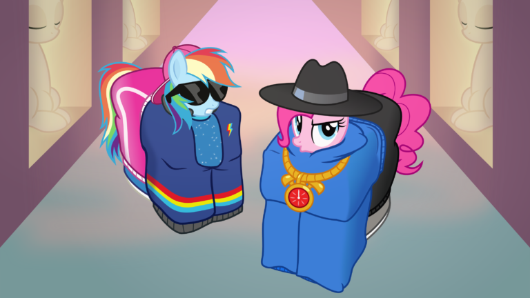 Pinkie Pie and Rainbow Dash standing in a corridor, wearing extremely oversized, square shaped clothing, in a parody of the music video to Kanye West's "I Love It".