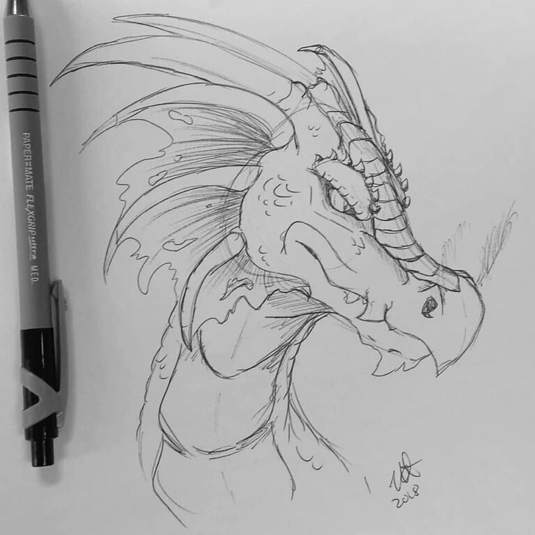 A pencil sketch of a feral dragon's head.