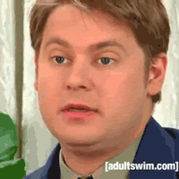 An animated GIF of comedian Tim Heidecker shaking his head to indicate "no", before begrudgingly shaking to indicate "yes".