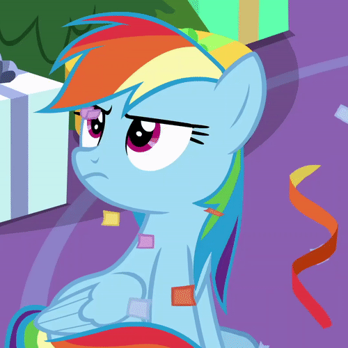 Animated image of confetti landing on Rainbow Dash's nose, which she disgruntingly blows off.