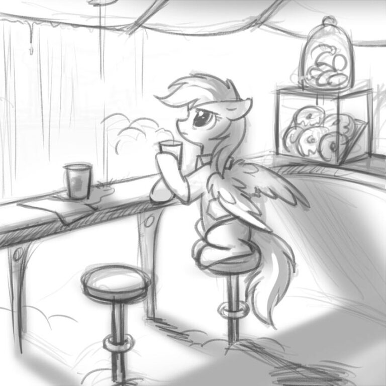 An illustration of Rainbow Dash, wearing a shirt and sitting in the bar seat of a café, drinking coffee.