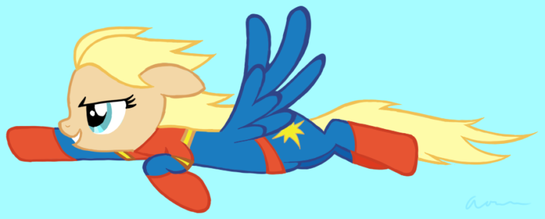 A pegasus pony, drawn to resemble and wear the costume of the Marvel superhero Carol Danvers/Captain Marvel.