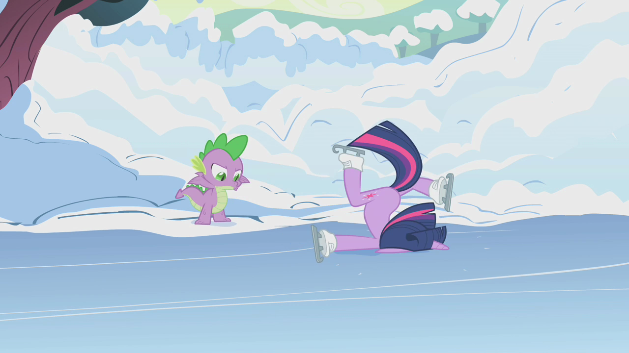 A screenshot of Twilight Sparkle faceplanting the ground after attempting to ice skate. Spike the dragon chastises her from the sidelines.