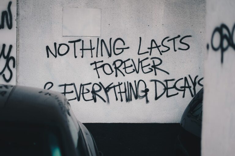 Graffiti on the wall of a car park, stating "Nothing lasts forever & everything decays".