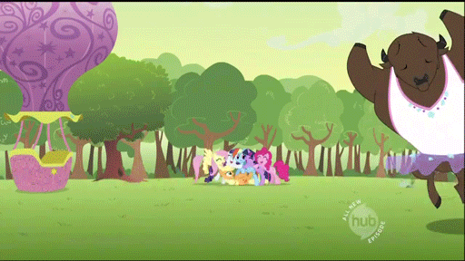 An animated GIF of three buffalo wearing ballet tutus and dancing across screen, as the Mane Six watch from the background.