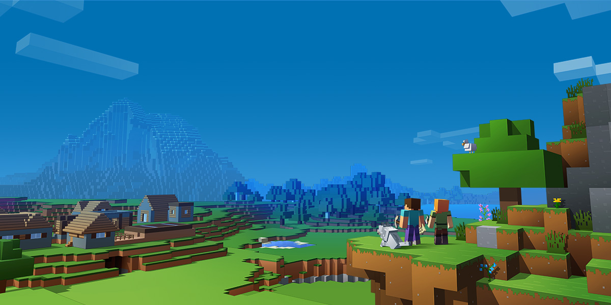 Promotional artwork for Minecraft, featuring Steve and Alex (the default avatars) looking out over the landscape.