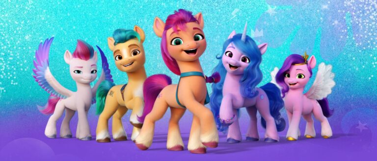 An ensemble image of the "My Little Pony: A New Generation" protagonists, Zipp, Hitch, Sunny, Izzy and Pipp.