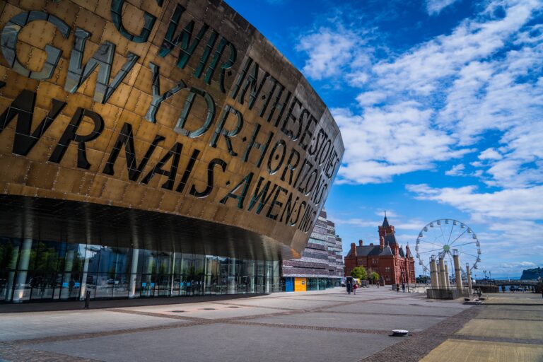A photograph of the distinctive facade of the Wales Millennium Centre, Roald Dahl Plass, Cardiff Bay.