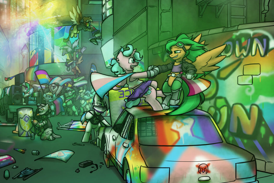 A number of ponies and other creatures engage in civil disobedience, graffiting pride flags on various surfaces, dancing on top of cars, and similar acts.